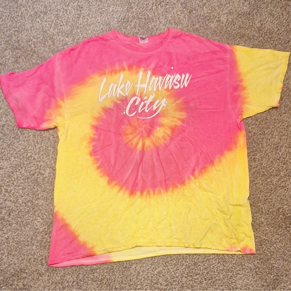Delta Pro Weight Lake Havasu City Tie Dye Shirt Mens 2XL Pink Yellow Spiral Tee